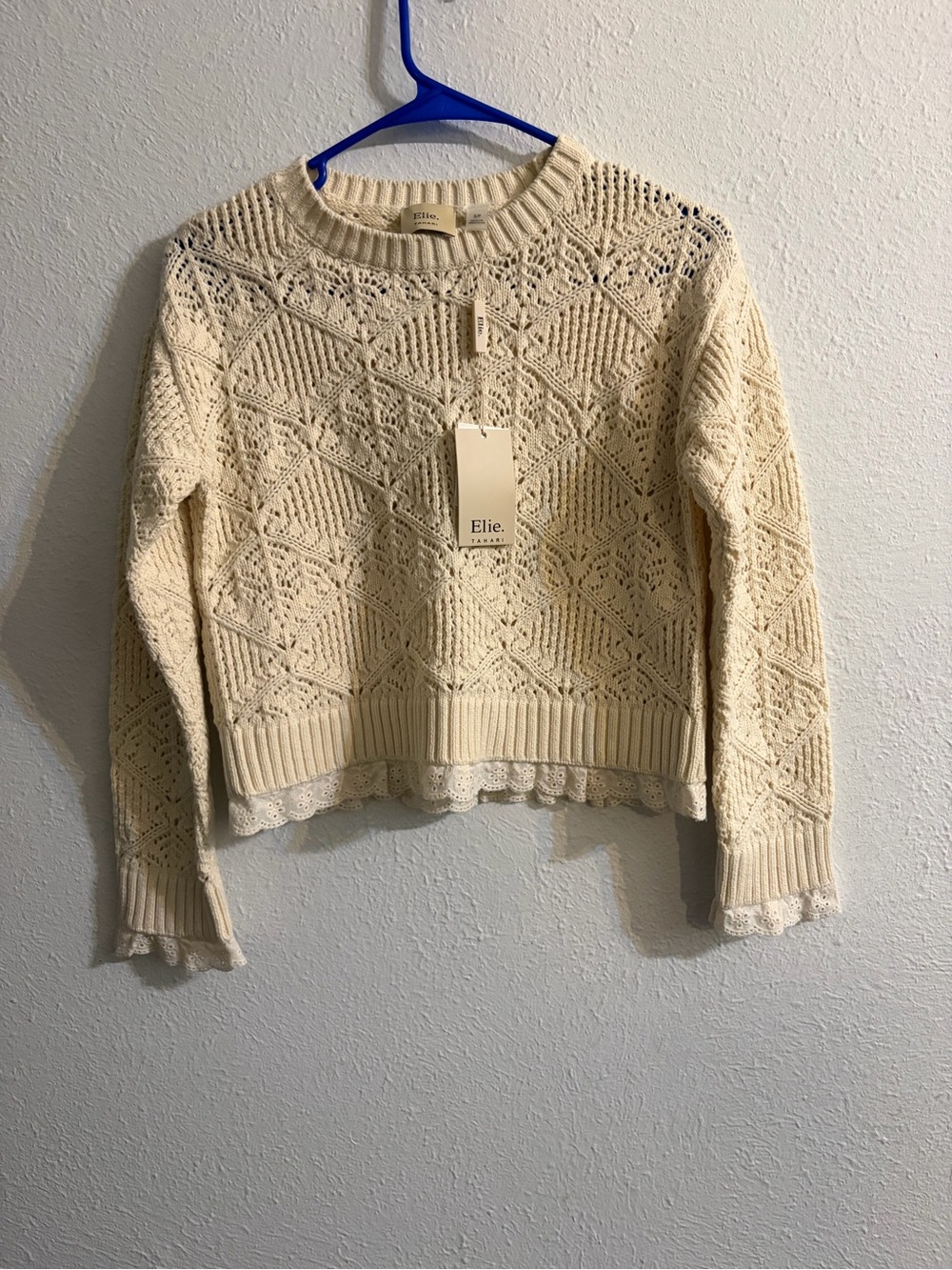 Tahari Cream Crochet Crewneck Sweater